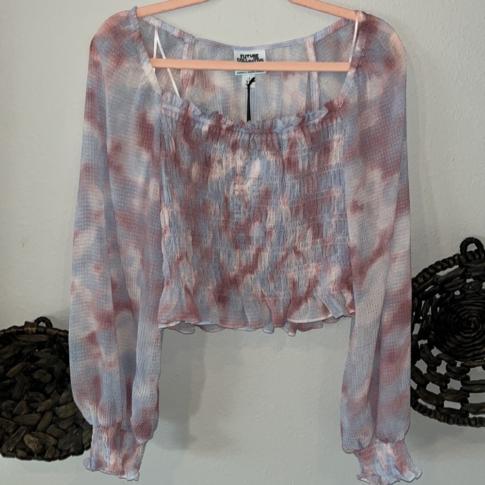 NWT Future Collective Watercolor Long Sleeve Smocked Bodice Top - Picture 4 of 12